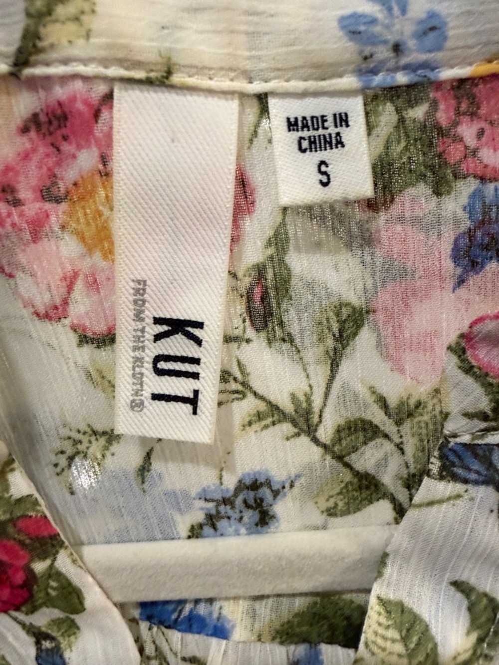 Kut from the Kloth White Floral Button-Down Shirt with Pink & Blue Blooms - Picture 5 of 6